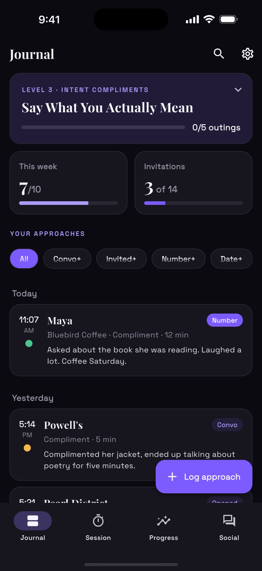 The Cold journal: your current level, approaches this week, and a log of every conversation